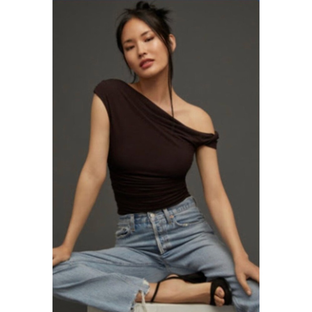 AGOLDE Hilma Twist Asymmetrical Bodysuit Brown Off Shoulder Ruched Size M